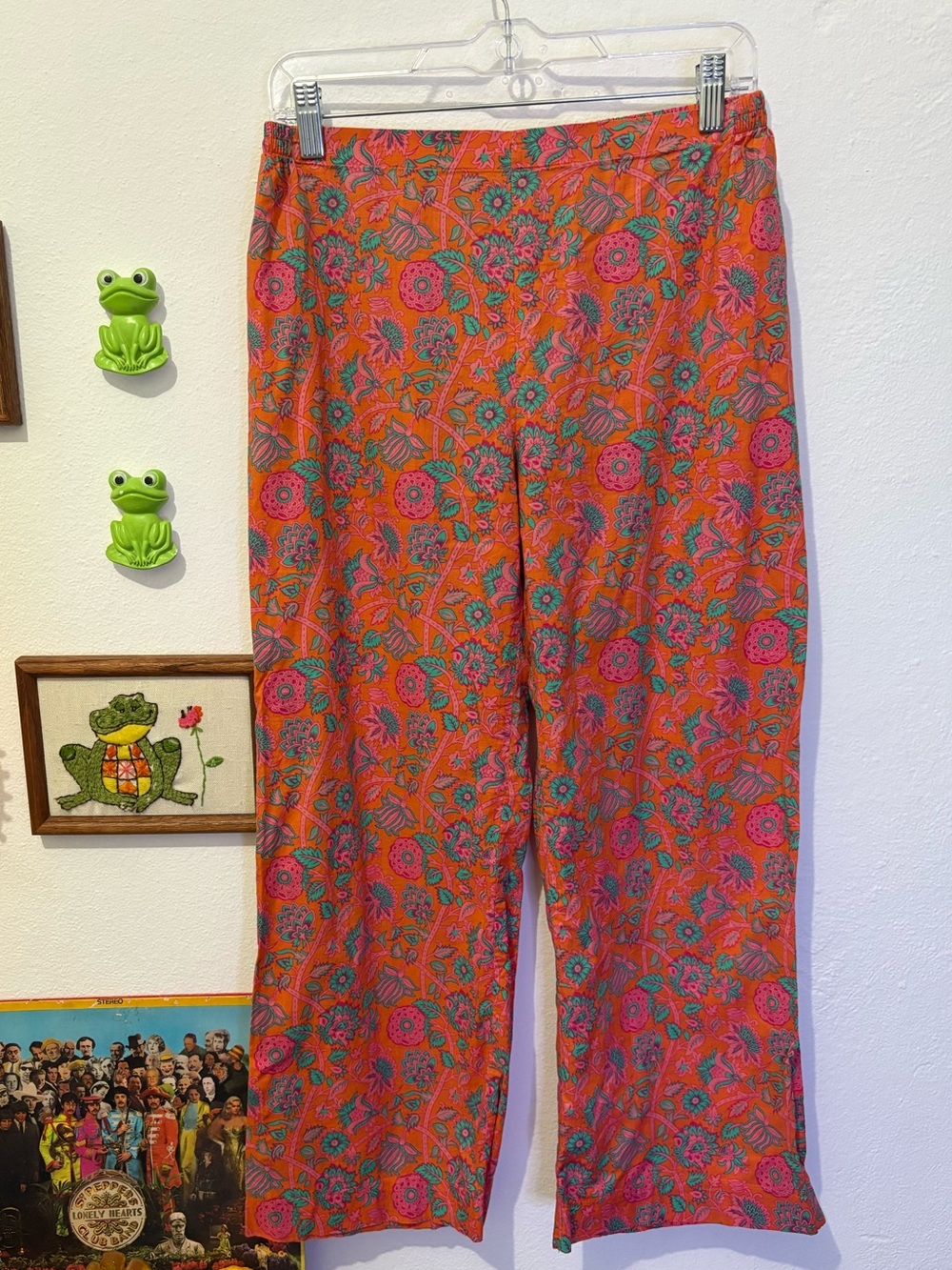 Women’s Bright Floral Orange Wide-Leg 100% Cotton Dopamine Pants